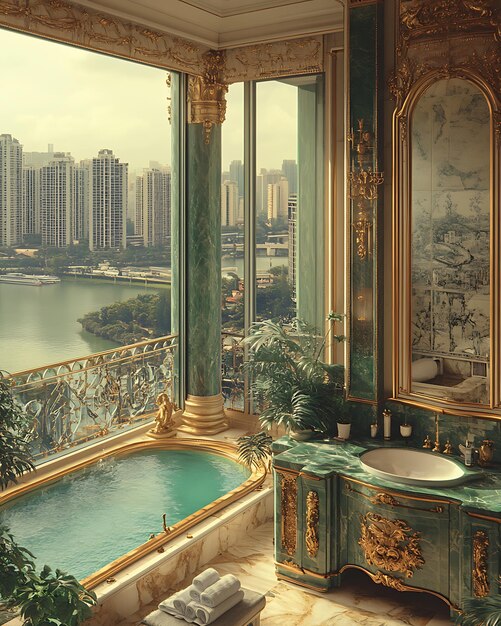 Inviting Art Deco hotel room interior with plush bed, retro furnishings, and soft lighting.