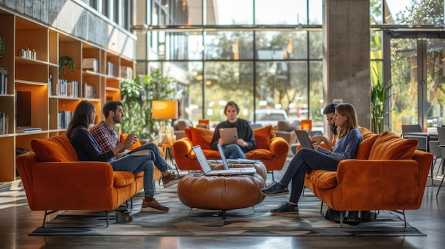 Cozy lounge with sofas, tables, and refreshments where researchers network.