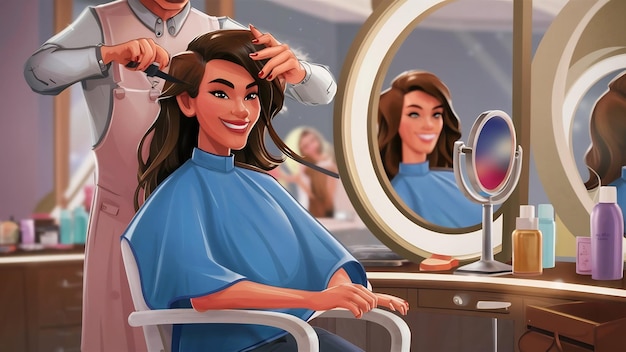 Stylist giving a precise haircut to a smiling client in front of a salon mirror.