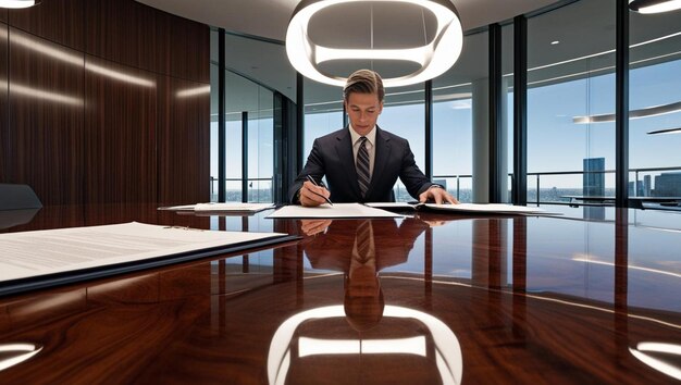 Equipo de abogados en oficina profesional revisando documentos legales.