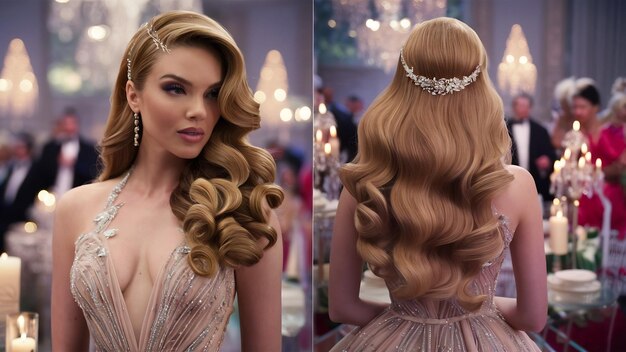 Clienta con peinado recogido sofisticado siendo finalizado por estilista con herramientas de styling.