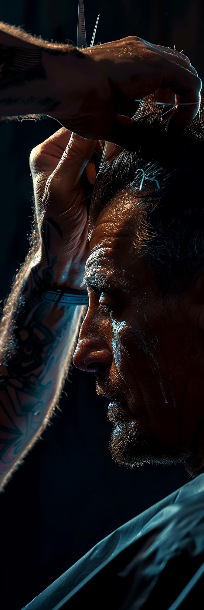 Barber applying fade technique on client's short hair.