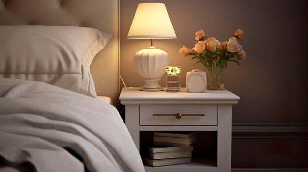 Mesitas de noche junto a cama.