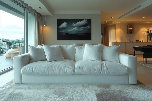 Sofá gris contemporáneo en un salón espacioso con luz natural.