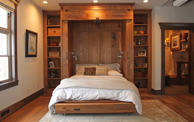 Cama matrimonial con cabecero tapizado y lámparas laterales.