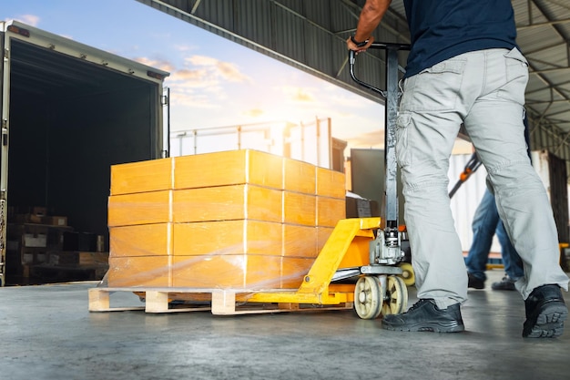 Freight pallets secured and ready for courier transport.