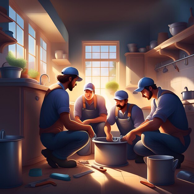 Group of smiling plumbers in uniforms standing together with tools in a residential setting.