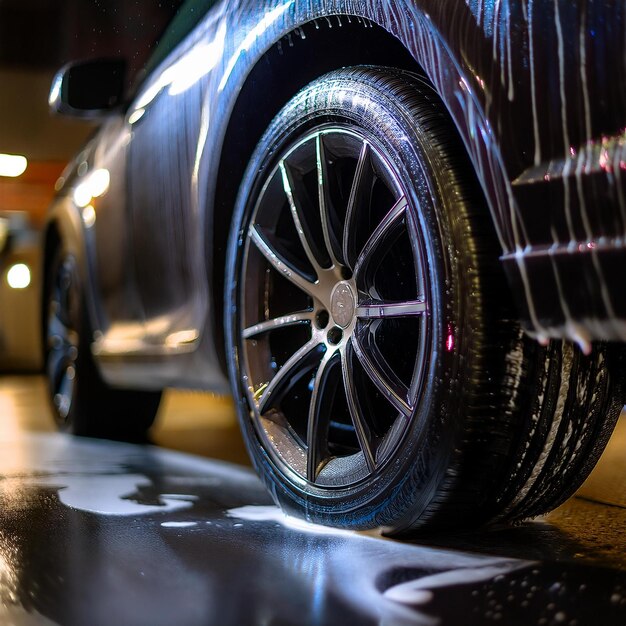 Polished wheels and tires gleaming after service.