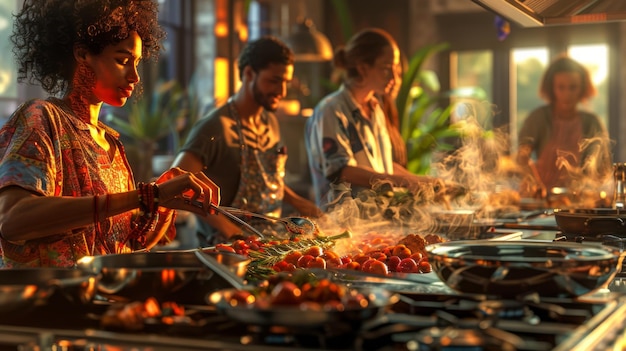 Team of cooks preparing rice, beans, and plantains in a warm Nicaraguan restaurant kitchen.