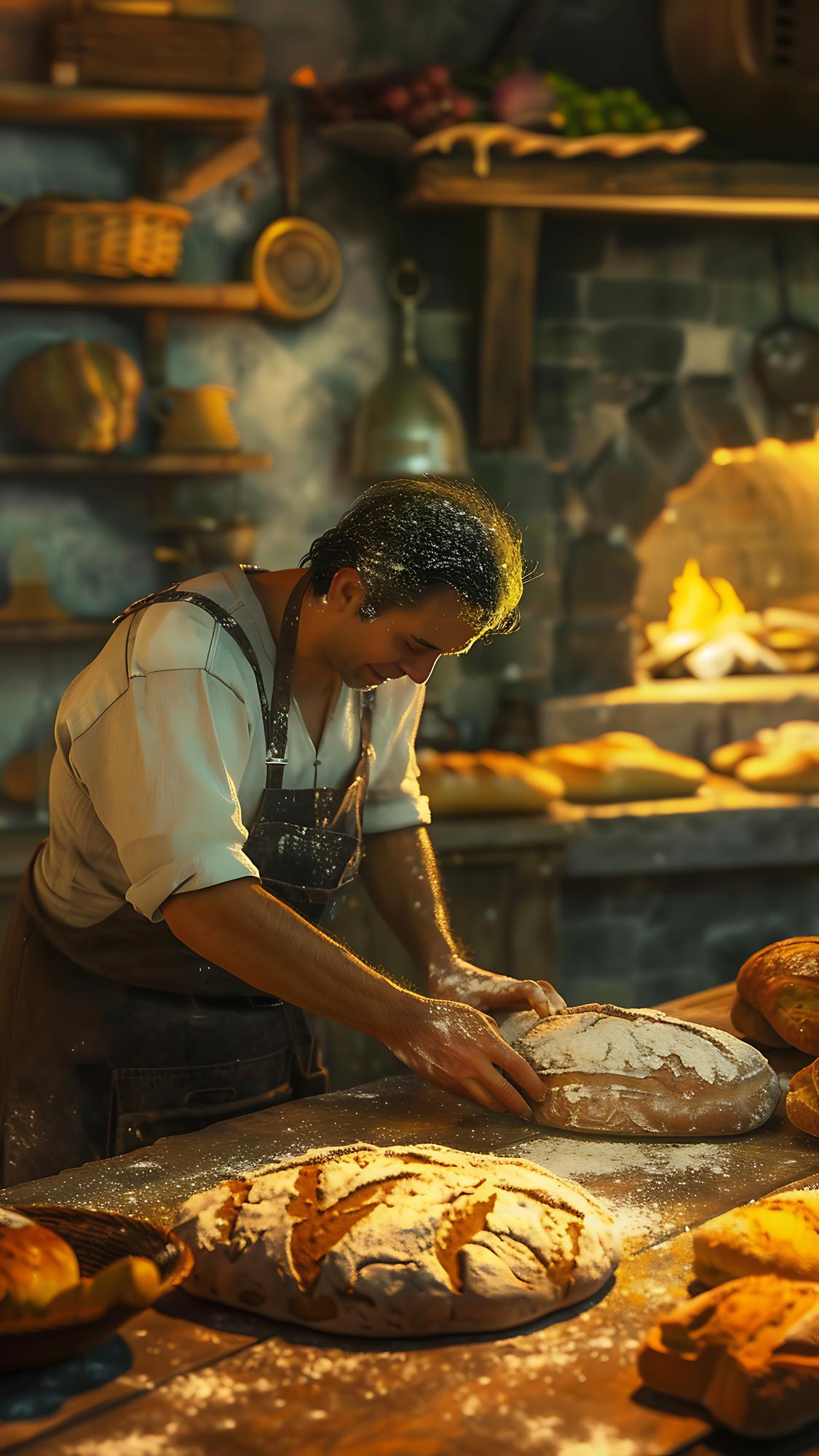 Panaderos sonrientes preparando panes en el horno de una panadería acogedora.
