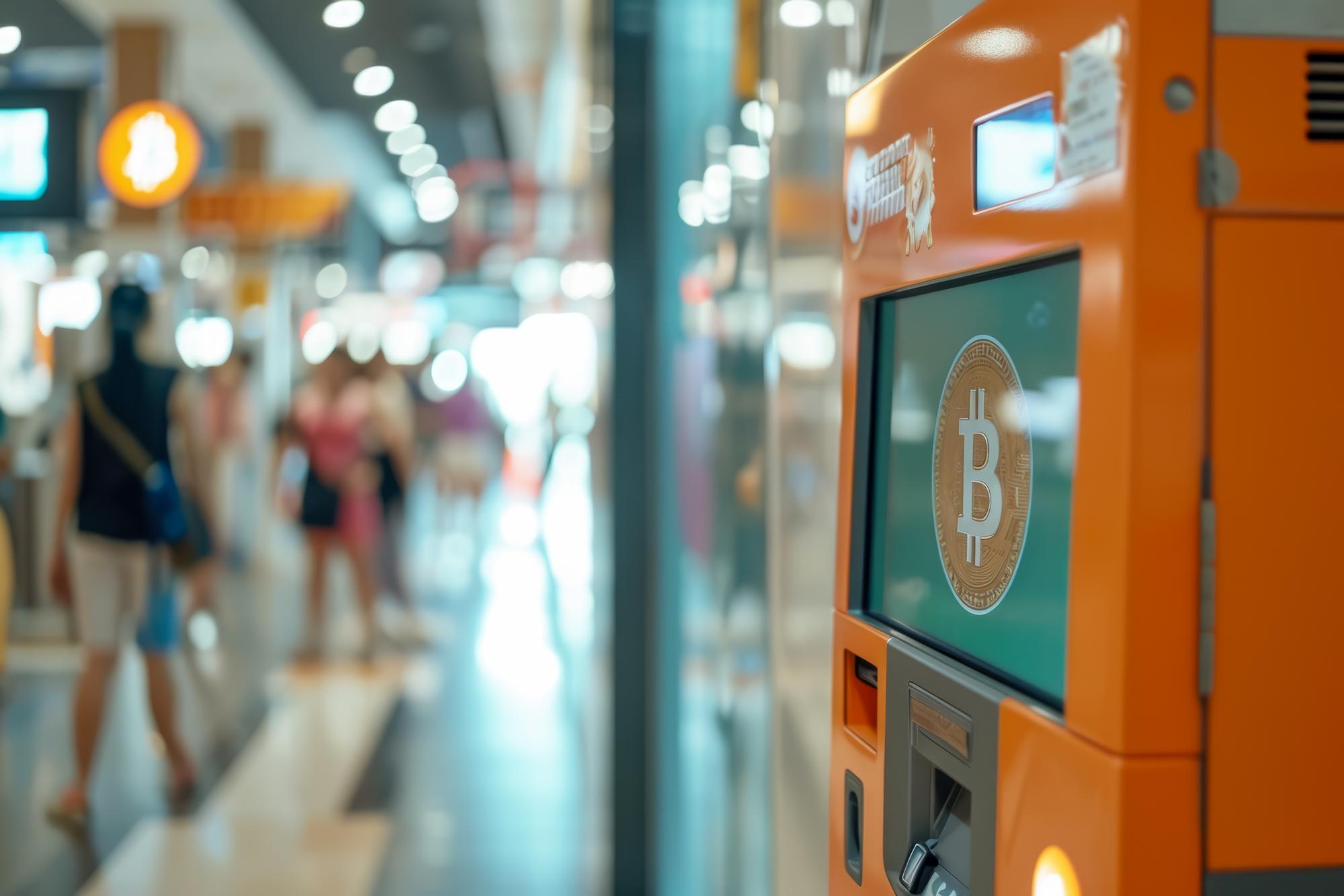 Espacio interior pulcro con cajero Bitcoin y superficies relucientes.