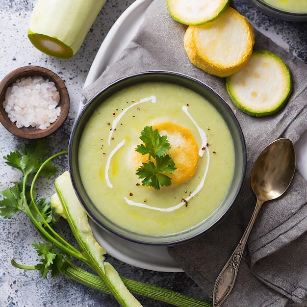 Smooth zucchini soup in a bowl with fresh green garnish.