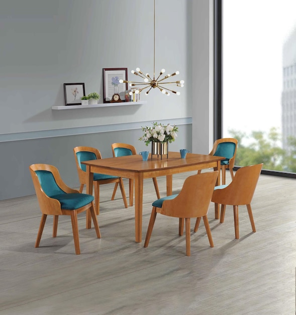 Mesa de comedor elegante con sillas a juego.