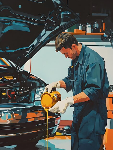 Mechanic changing oil under a lifted vehicle in an auto shop.