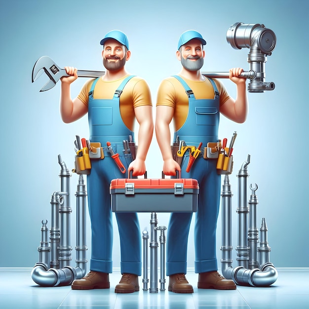 Handyman plumber holding wrench and toolbox in work gear.