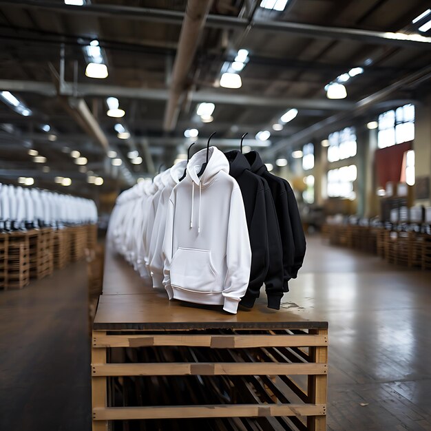 Sudaderas streetwear apiladas en estanterías de la tienda.
