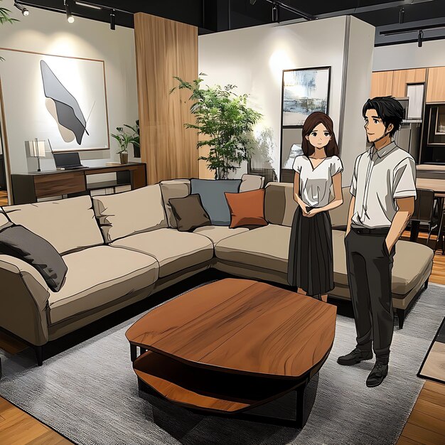 Equipo sonriente ayudando a clientes a elegir sofás en showroom moderno.