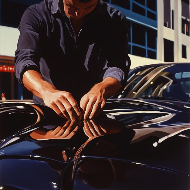 Aplicación de cera protectora en el capó de un automóvil reluciente.