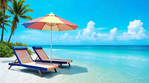 Idyllic tropical beach scene with white sand, turquoise ocean, and luxury resort loungers.