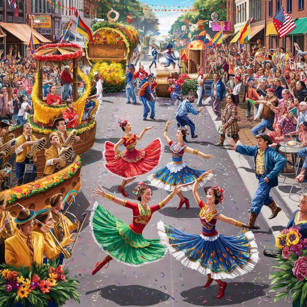 Lively cultural festival scene with performers in vibrant costumes and market stalls.