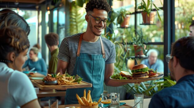 Team members at Restaurante San Lorenzo welcoming guests and serving food in the lively dining area.