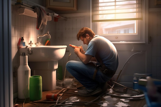 Plumber using tools to repair a leaking pipe under a bathroom vanity.