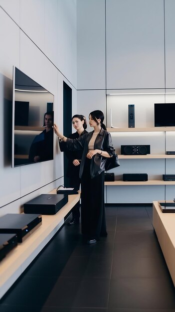 Equipo de Rostro TV presentando soportes minimalistas para TV en showroom contemporáneo.