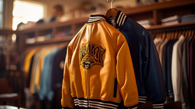 Chaquetas streetwear modeladas en maniquíes dentro de la tienda.
