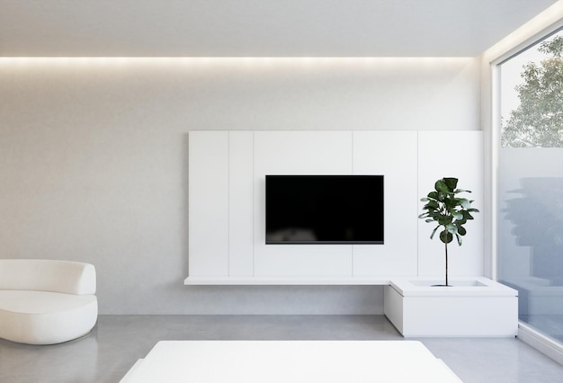 Soporte minimalista para TV en pared moderna con televisor encendido en sala contemporánea.