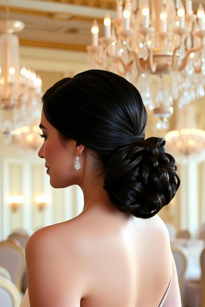 Cliente con hermoso recogido para evento en espejo de salón.