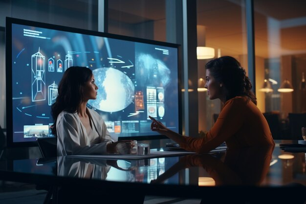 Team of experts in a modern office surrounded by AI-driven marketing tools and digital strategy displays.