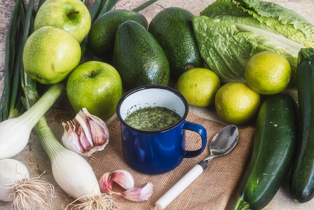 Assortment of probiotic-rich foods and herbs for gut health support.