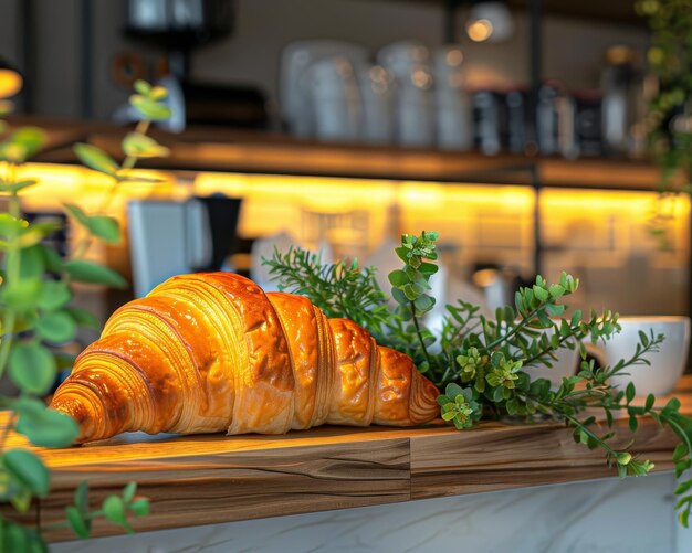 Mostrador de panadería con croissants franceses frescos, panes y pasteles en un ambiente cálido y acogedor.