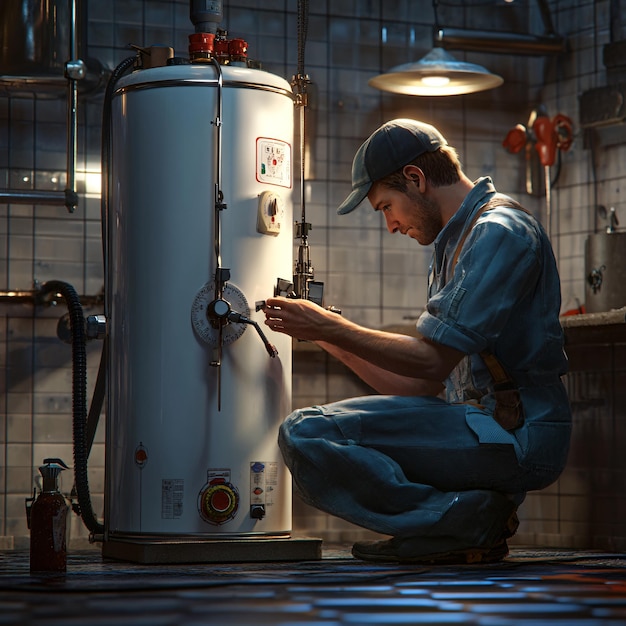 Plumber connecting a new water heater unit in a home garage.