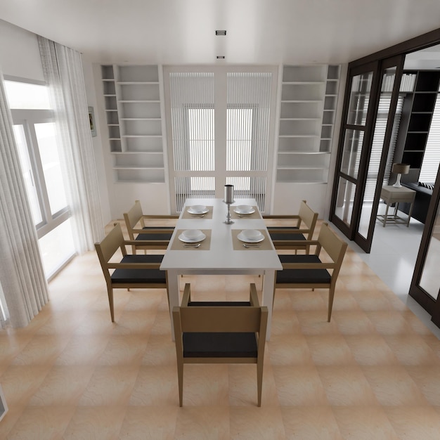 Conjunto de comedor con seis sillas y lámpara colgante.