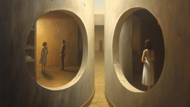 Optical illusion in Ames Room making visitors look disproportionately sized.