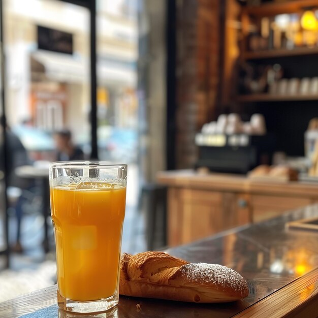 Vaso alto de zumo de naranja fresca con hielo.
