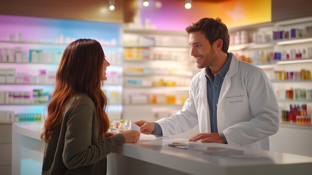 Farmacéutico profesional de Farmacia Palau asesorando a un cliente en el mostrador.