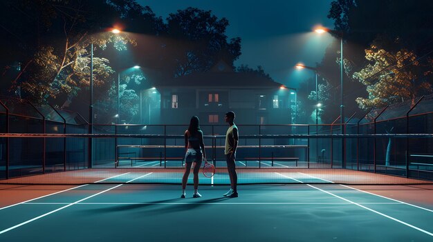 Floodlit padel court active during evening hours.