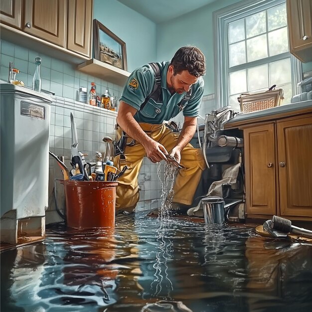 Plumber mopping up water and inspecting after a plumbing flood.