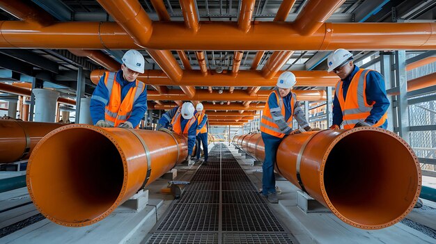 Workers fitting pipes in an office building plumbing system.