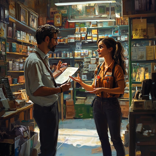 Book store team engaging with customers amid shelves of books in a vibrant store setting.