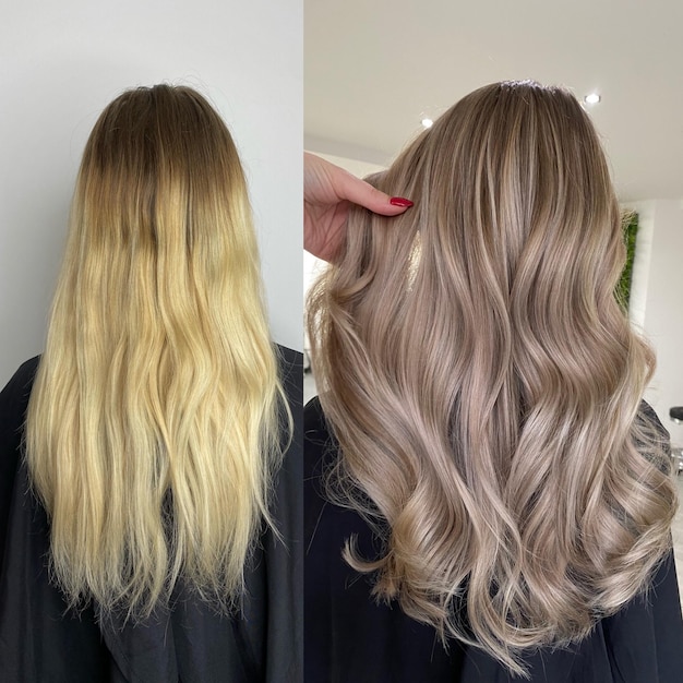 Beautiful hair highlights and balayage application process.