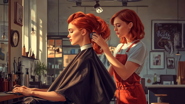 Stylist carefully cutting and styling a woman's hair at a salon mirror.