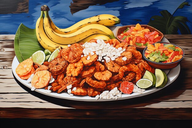 Chicken and tajadas layered with fresh toppings.