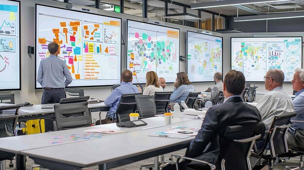 Equipped collaboration room showing researchers working together at interactive displays.
