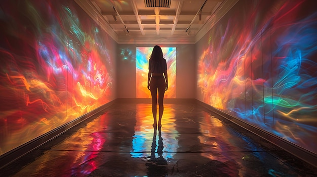 Visitor experiencing endless mirror reflections in the infinity room exhibit.