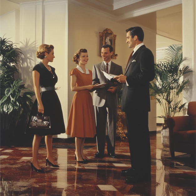 Welcoming hotel staff interacting with guests in the elegant Art Deco lobby of Essex House by Clevelander, featuring period details and comfortable seating.