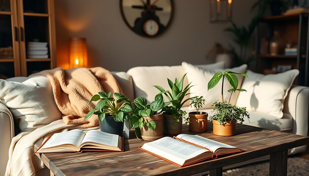Mesa de centro rústica con elementos decorativos en un ambiente hogareño.