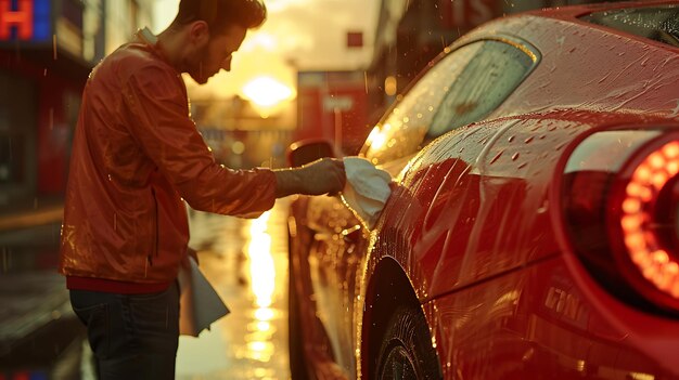 Professional applying protective wax to polished car surface.
